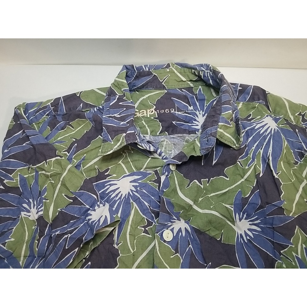 Gap Mens Medium Blue Floral Hawaiian Button Up Short Sleeve Shirt‎ Beach Surf